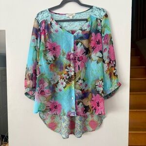EUC Whimsigoth Boho Floral Lace Chiffon Button Up Top - Dressbarn